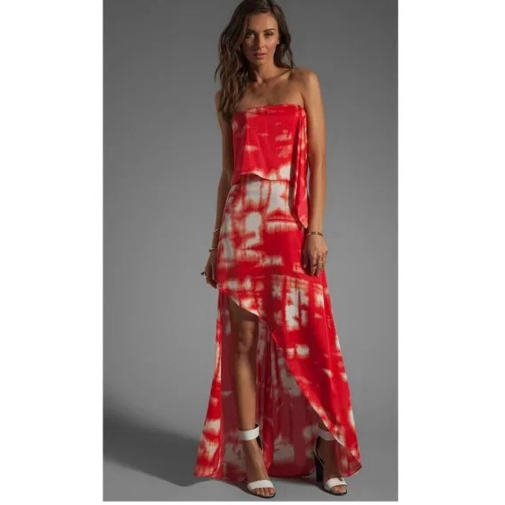 BCBGMaxAzria Red and White Tie-Dye Strapless Maxi Dress